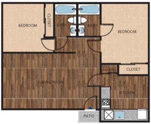 Floor plan for 2 beds, 2 baths, 900 sqft